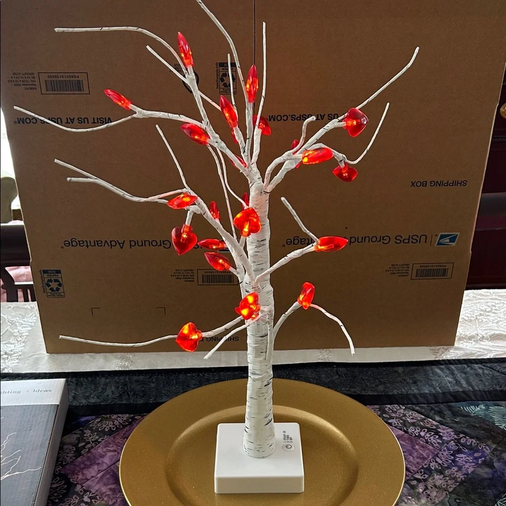 Illuminated Faux Birch Tree with or without Vibrant Red Hearts;Battery Operated